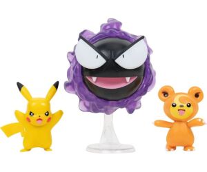 Pack de 3 figuras jazwares pokemon batalla teddiursa pikachu y gastly