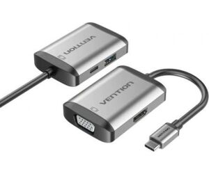 Conversor Vention TFAHB/ 1xUSB/ 1xHDMI/ 1xVGA/ 1xUSB Tipo-C PD/ 15cm/ Gris