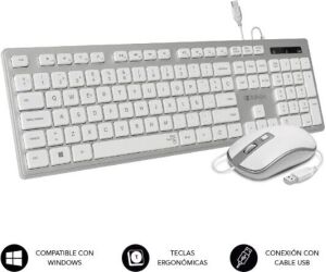 SUBBLIM Teclado Ergonómico y ratón con cable USB Plano Silencioso Plateado/Blanco Ergo