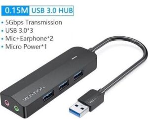 Hub USB 3.0 con Tarjeta de Sonido Vention CHIBB/ 3xUSB/ 1xMicroUSB PD