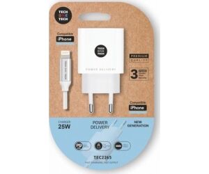 Cargador de Pared Tech One Tech TEC2265/ 1xUSB Tipo-C + Cable Lightning/ 3A/ Blanco