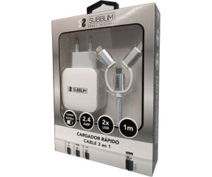 SUBBLIM CARGADOR USB DE VIAJE/PARED 2xUSB (2.4A) + CABLE 3EN1 WHITE Plata, Blanco Interior