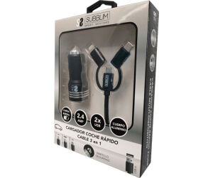 CARGADOR USB COCHE 2xUSB (2.4A) + CABLE 3EN1 NEGRO SUBBLIM