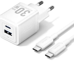 Cargador Gan de Pared Vention TZ-FEQW0-EU-01/ 1xUSB Tipo-C/ 1xUSB + Cable USB Tipo-C/ 30W