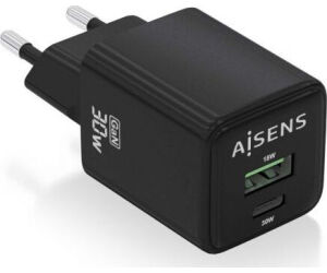 Cargador Gan de Pared Aisens ASCH-30W2P038-BK/ 1xUSB Tipo-C/ 1xUSB/ 30W