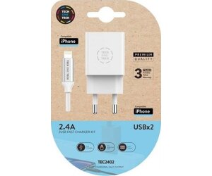 Cargador de Pared Tech One Tech TEC2402/ 2xUSB + Cable Lightning/ 2.4A/ Blanco