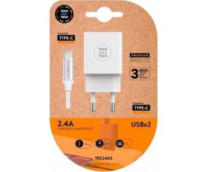 Cargador de Pared Tech One Tech TEC2403/ 2xUSB + Cable USB Tipo-C/ 2.4A/ Blanco