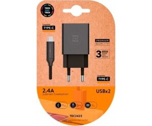 Cargador de Pared Tech One Tech TEC2423/ 2xUSB + Cable USB Tipo-C/ 2.4A/ Negro