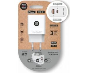 Cargador de Pared Tech One Tech TEC2267/ 1xUSB Tipo-C/ 1xUSB/ 3A/ Blanco