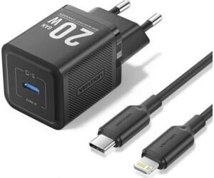 Cargador Gan de Pared Vention TZ-FEPB0-EU-02/ 1xUSB Tipo-C + Cable Lightning/ 20W