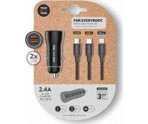 Cargador de Coche Tech One Tech TEC2810/ 2xUSB + Cable 3 en 1/ 2.4A