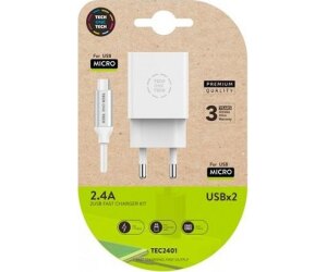 Cargador de Pared Tech One Tech TEC2401/ 2xUSB + Cable Micro USB/ 2.4A/ Blanco