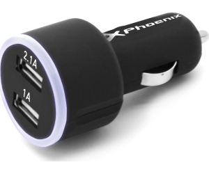 Cargador universal phoenix phcarcharger2usb+ para coche -  mechero  5v - 2 x usb 4.8a con luz led color negro acabado en silicona