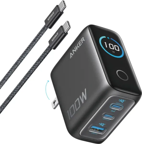 Cargador de Pared Anker 100W 3 Puertos con Pantalla Inteligente Negro