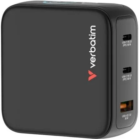 Cargador de Pared Universal GaN para Viaje Verbatim Mini GaN Charger Con Pantalla/ 2xUSB Tipo-C/ 1xUSB/ 100W