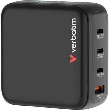 Cargador de Pared Universal GaN para Viaje Verbatim Mini GaN Charger Con Pantalla/ 3xUSB Tipo-C/ 1xUSB/ 140W