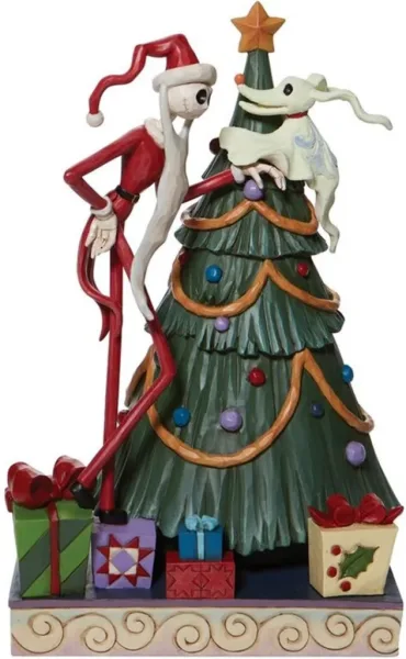 Figura enesco pesadilla antes de navidad santa jack y zero junto a arbol de navidad