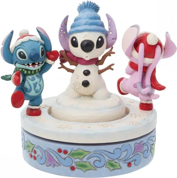 Figura decorativa enesco disney stitch y angel con muñeco de nieve rotativo