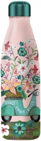 Botella isotermica enesco rosa estampado flores y moto