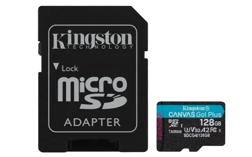 Kingston Technology Tarjeta microSDXC Canvas Go Plus Gen4 de 128 GB, 200 MB/s, A2 U3 V30 y adaptador