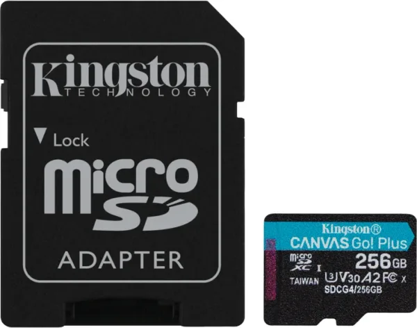 Kingston Technology Tarjeta microSDXC Canvas Go Plus Gen4 de 256 GB, 200 MB/s, A2 U3 V30 y adaptador