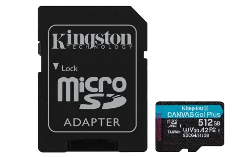 Kingston Technology Tarjeta microSDXC Canvas Go Plus Gen4 de 512 GB, 200 MB/s, A2 U3 V30 y adaptador