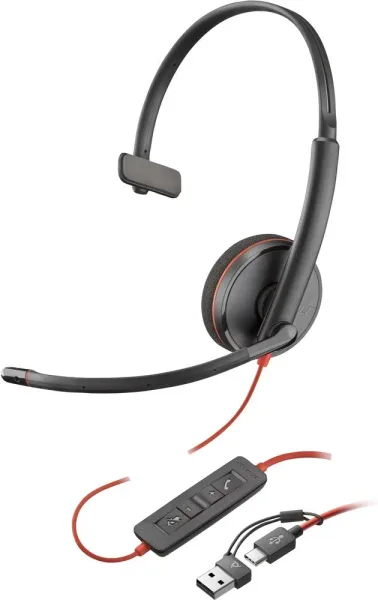 Auricular Poly Blackwire 3210 + Adaptador USB-C/A/ con Micrófono/ USB Tipo-C/ Negro