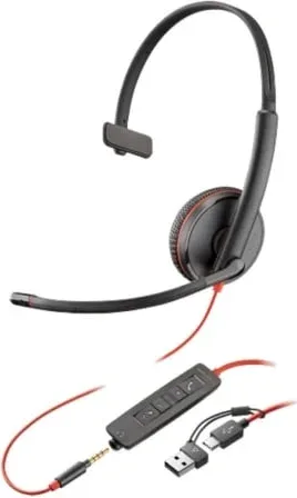 Auricular Poly Blackwire 3215 + Adaptador USB-C/A/ con Micrófono/ Jack 3.5mm/ Negro