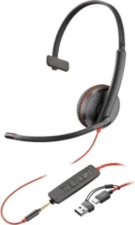 Auricular Poly Blackwire 3215 + 3.5mm + Adaptador USB-C/A/ con Micrófono/ Jack 3.5 - USB Tipo-C/ Bulk/ Negro