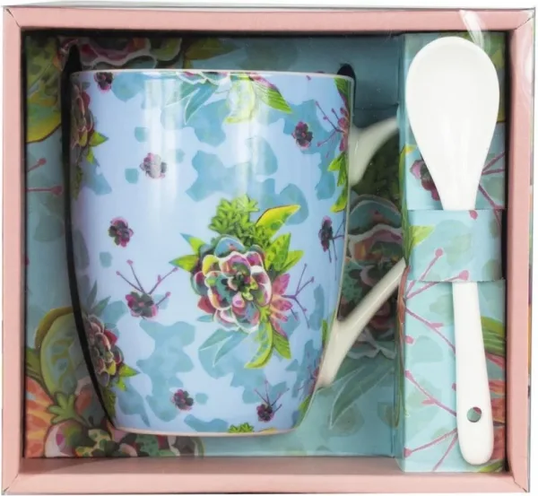 Taza de cerámica con cuchara enesco flores