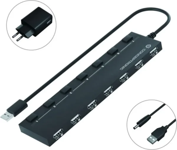 Hub USB 2.0 conceptronic hubbies08 7 puertos con interruptores con alimentador