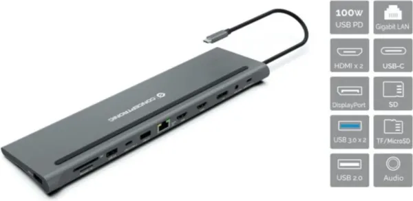 Docking station conceptronic  USB tipo c donn17g 2 x HDMI -  1 x dp -  2 x USB 3.0 -  1 x USB 2.0 -  1 x rj45 -  1 x aux -  lector SD - lector micro SD