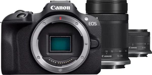 Camara reflex canon eos r100 + rf - s 18 -  45 is stm + rf - s 55 - 210 f5 - 7.1 is stm 24.1mpx negro