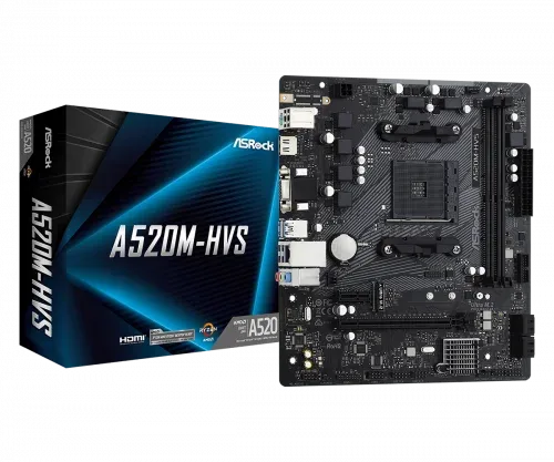 Placa Asrock A520M-Hvs,Amd,Am4,A520,2Ddr4,64,VGA+HDMI,4Sata3,1M.2,4Usb2.0,2Usb3.2,USB-C,1GB,Matx