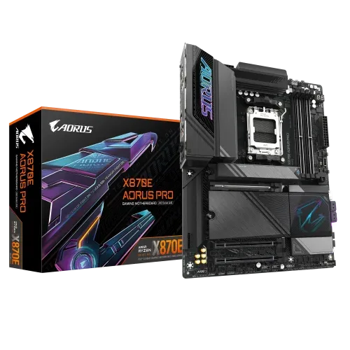 GIGABYTE Placa base X870E AORUS PRO - Compatible con CPUs AMD Ryzen 9000, VRM digital de 16+2+2 fases, hasta 8000MHz DDR5 (OC), 4xPCIe 5.0 + 4xM.2, Wi-Fi 7, LAN 2.5GbE, USB 3.2 Gen 2x2