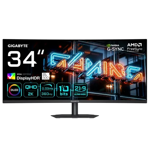 GIGABYTE MO34WQC36 Monitor Gaming Curvo 34” WQHD - 3440 x 1440, 360Hz, 0.03ms, KVM, 300 cd/m², FreeSync Premium Pro, DisplayHDR True Black 500, HDMI 2.1, DisplayPort 2.1