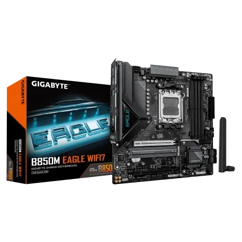 GIGABYTE B850M EAGLE WIFI7 Placa Base – CPUs AMD Ryzen Serie 9000, VRM digital de 8+2+2 fases, hasta 8200 MHz DDR5 (O.C.), 1× M.2 PCIe 5.0 + 1× M.2 PCIe 4.0, Wi-Fi 7, LAN 2.5 GbE, USB 3.2 Gen 2