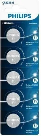 Pack de 5 Pilas de Botón Philips CR2025P5/01B Lithium/ 3V