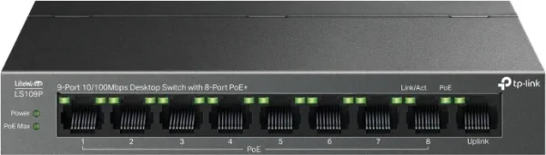 Tp-Link Switch de Sobremesa de 9 Puertos 10/100 Mbps con PoE+ de 8 Puertos Puertos: 8× 10/100 Mbps PoE+, 1× 10/100 Mbps sin PoE Especificación: 802.3At/Af, 63 W de Potencia PoE, Carcasa de Acero de Sobremesa Características: Modo de Extensión para Tr