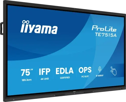 Pantalla Interactiva 75" Edla, Android 14, 16/128GB UHD IPS, Mm 2X 20W  + 20W Subwr, 2X HDMI, Dp , 1X USB-C,  550Cd/M, Horiz , Media Play USB Ports, Antiglare, Lan, Rs232C, Iiware WiFi-6/Bt 5.0, Ops Slot, Vesa 400X400 (Mount Included) (Te7515A-B1Ag)