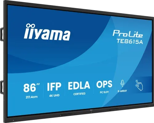 Iiyama Monitor Interactivo 86" Edla,Android 14, 16/128GB UHD IPS, Mm 2X 20W  + 20W Subwr, 2X HDMI, Dp , 1X USB-C,  550Cd/M, Horiz , Media Play USB Ports, Antiglare, Lan, Rs232C, Iiware WiFi-6/Bt 5.0, Ops Slot, Vesa 600X400 (Mount Included) (Te8615A-B