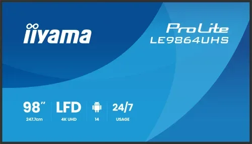 IIYAMA MONITOR 98" 3840x2160, UHD VA DLED  500cd/m, HORIZ Y VERT, MM 2x 10W, 2x HDMIx 1x USB-C, USB 2.0 x2, WiFi, LAN, Media Play USB Port, Control LAN / RS232C, Android 14 OS, 24/7 Operation, VESA Mount 700x500 - wallmount included (LH5564UHS-B1AG)