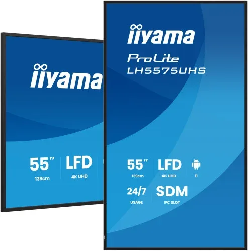 Monitor Iiyama 55" 3840X2160, UHD Va, 500Cd/M2, Horiz Vert,Failover,Mm 2X 10W, HDMI 3X, Dp, Dp-Out, USB 2.0 X2, WiFi, Lan, Media Play USB, Lan / Rs232C, Iisignage2, Iishare, Iicontrol Android 11, Pc-Slot Sdm-L, 24/7, Vesa 400X400 (Lh5575Uhs-B2Ag)
