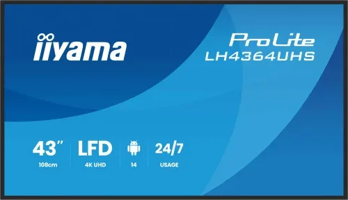 IIYAMA MONITOR 43" 3840x2160, UHD VA DLED  500cd/m, HORIZ Y VERT, MM 2x 10W, 2x HDMIx 1x USB-C, USB 2.0 x2, WiFi, LAN, Media Play USB Port, Control LAN / RS232C, Android 14 OS, 24/7 Operation, VESA Mount 300x300 - wallmount included (LH4364UHS-B1AG)