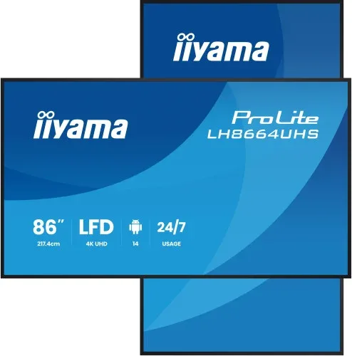 Monitor Iiyama 86" 3840X2160, UHD IPS Dled 450Cd/M / 8Ms, Landscape-Portrait / Mm 2X 16W, 2X HDMI, USB C / 2X USB 2.0 / WiFi, Lan, Media Play USB , Rj45 / Rs232C, Iisignage2, E-Share, Android 14 Os / 24/7 / Vesa 800X600 (Lh8664Uhs-B3Ag)