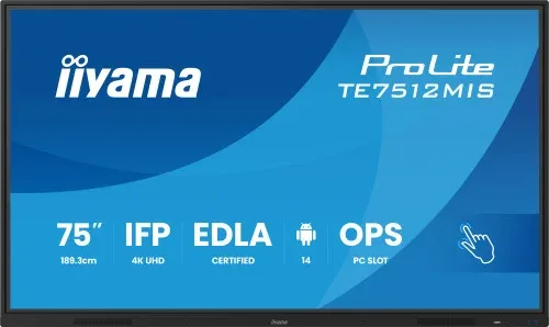 Monitor Interactivo Tactil Iiyama 75" (Te7512Mis-B4Ag)3840X2160 / IPS LED 4K UHD / 24/7 / 8/64GB / 400 Cd/M / 8Ms / 1200:1 / 1 VGA - 3 HDMI / 1 USB-C / 5Xusb / Audio Out / WiFi / Mm / 2 Rj45 / Ops Slot/ Android 11