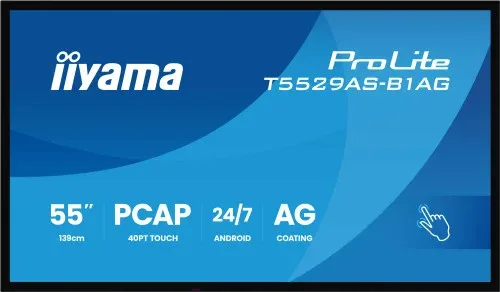 Monitor Iiyama 55" All-In-One Interactive Display/ Android 14 Os/ 3840X2160, 4K UHD Panel, 2Xhdmi + USB-C (Dp-Alt), 450Cd/M², USB Touch Interface, 4GB RAM / 32GB Storage, Rs232C,  USB 2X 2.0, Lan, WiFi, 24/7 Operation, Iishare, (T5529As-B1Ag)