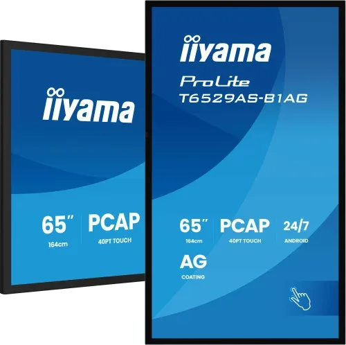Monitor Iiyama Tactil 65" 4K 20P Tactil (T6529As-B1Ag) / Android 14/ Uso 24/7 / Irx1 / HDMI X 2 / USB-C / Horiz. y Apaisado / 420Cd/M2 (Touch), 4000:1, 6.5Ms, USB Touch / Rs232C / Rj45 / 32GB ROM / 2G RAM / 1GB / WiFi / Vesa 400X400Mm