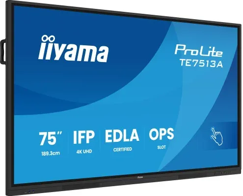 Iiyama 75" (Edla)/Android 14,8 Core SoC, 8/128GB, 40-Pts  UHD , NFC, Pir , Mm 2X20W +20W Sbuw, 2Xhdmi, USB-C / HDMI,Dp, 2Xusb-C100W Pd/Mini-Jack / Opt.out, 450Cd/M2, L/S Mode, Ag Glass, Lan, Wifi6, Bt5.0/Iiware, Pc Slot,800X400 (Wm Incl.) (Te7513A-B2