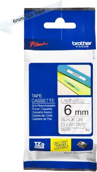 Cinta laminada brother tze111 8mm x 6mm transparente - negro
